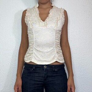 Y2K FOREVER 21 CREAM LACE RUCHED TANK TOP